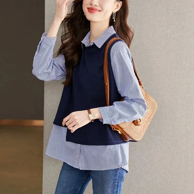 Spring Autumn New Striped Splicing Two-piece Shirt Women's Casual Long Sleeve Top
Spring Autumn New Striped Splicing Two-piece Shirt Women's Casual Long Sleeve Top