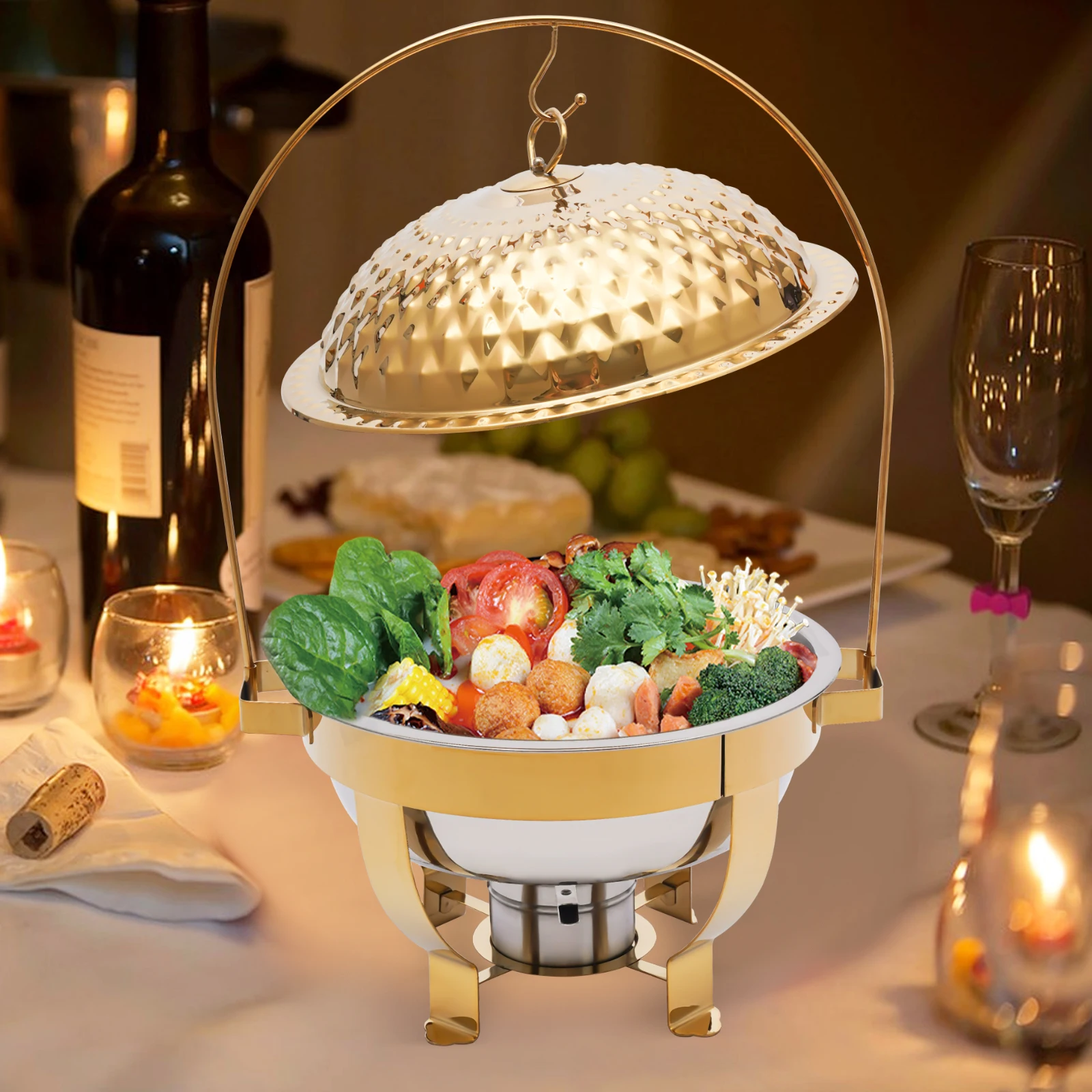 Elegant Gold Accent Chafing Dish Set, 4.5L Round Stainless Steel Buffet Warmer with Lid, Catering Serving Chafer for Wedding 
Elegant Gold Accent Chafing Dish Set, 4.5L Round Stainless Steel Buffet Warmer with Lid, Catering Serving Chafer for Wedding
