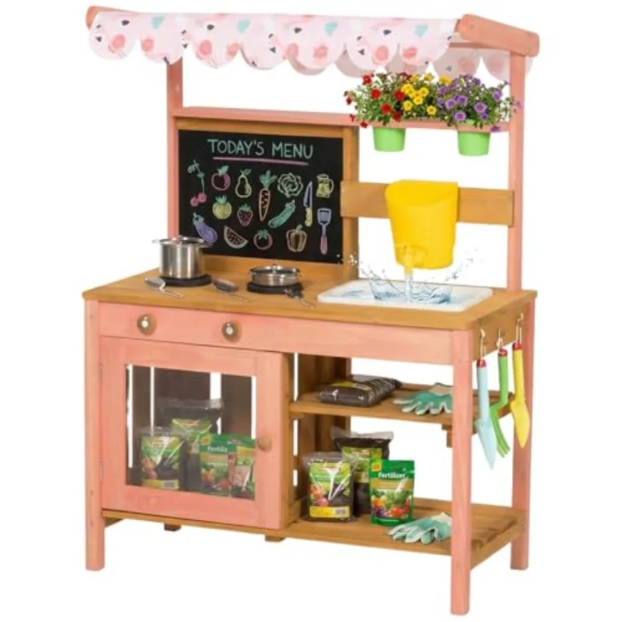 Outdoor kids mud kitchen for pretend play: wooden construction pink color includes canopy planter box chalkboard sink stoves st
Outdoor kids mud kitchen for pretend play: wooden construction pink color includes canopy planter box chalkboard sink stoves st