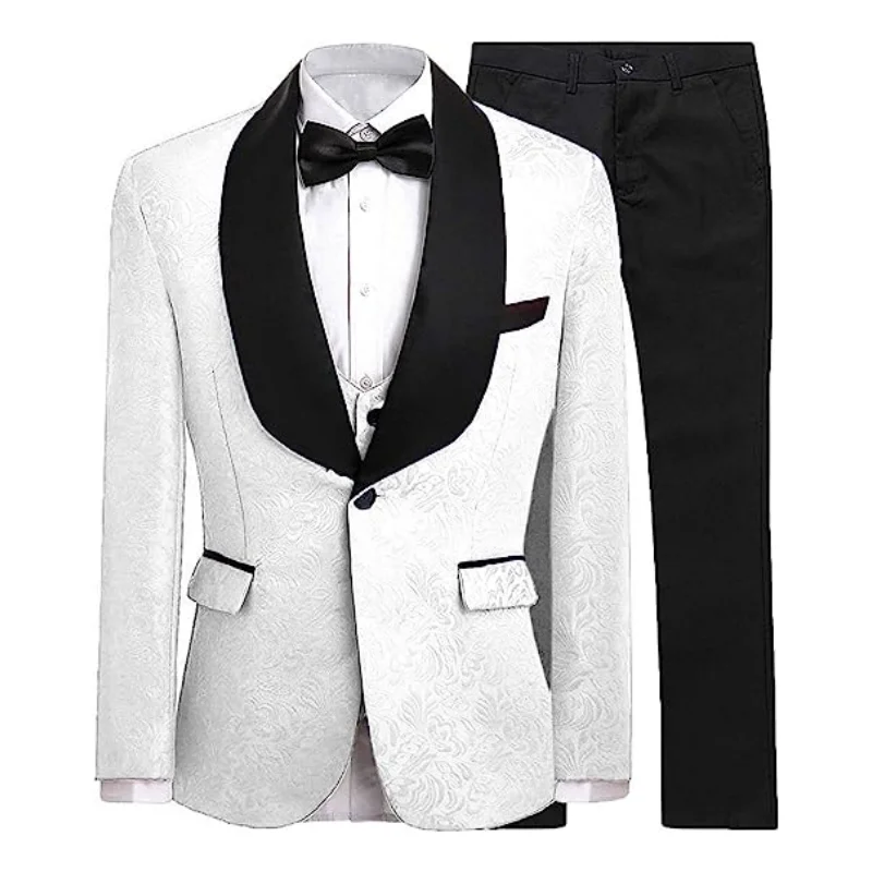 Men Suit 3 Pieces White Figure With Black Shawl Lapel For Business Wedding Groom Tuxedos Work Set Jacket Vest With Pants 
Men Suit 3 Pieces White Figure With Black Shawl Lapel For Business Wedding Groom Tuxedos Work Set Jacket Vest With Pants