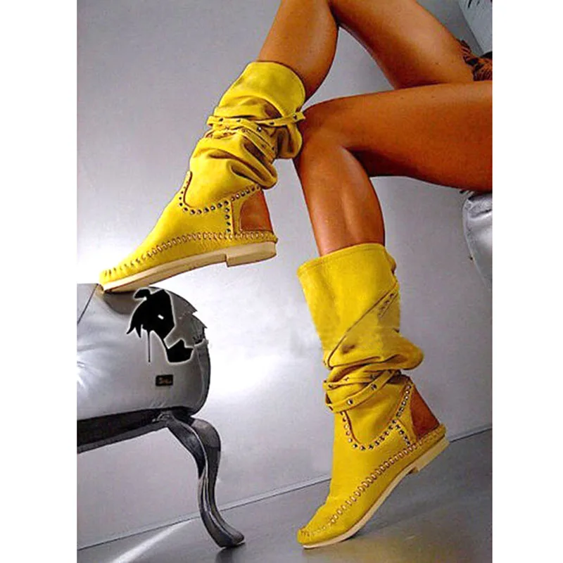 Factory Ladies Rivets Studded Belt Fasten Flat Knee Boots Yellow white Suede Round Toe Woman Autumn Roman Botas Shoes
Factory Ladies Rivets Studded Belt Fasten Flat Knee Boots Yellow white Suede Round Toe Woman Autumn Roman Botas Shoes