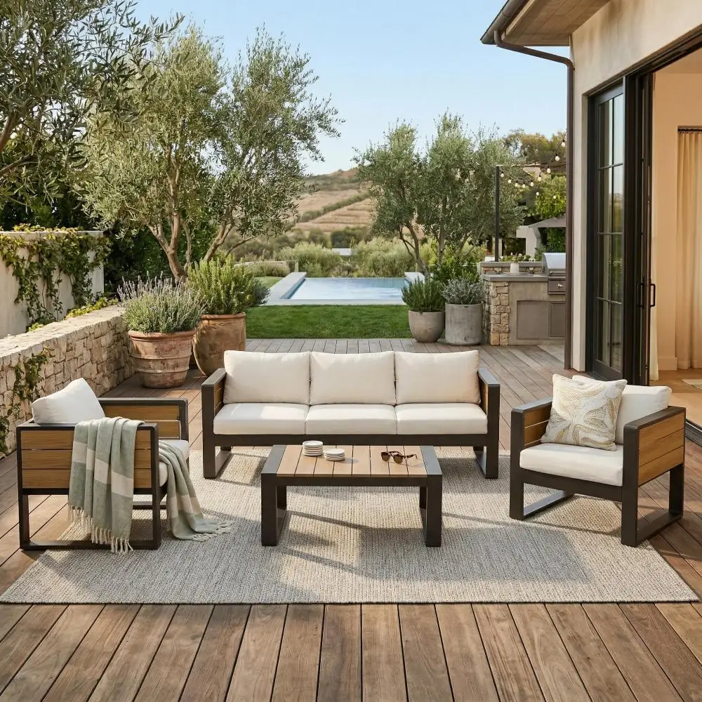 Ye 4-Piece Aluminum Frame Large Outdoor Patio Furniture Set for 5 Persons, 3-Seater Sofa, 2 Armchairs with Fold-Out Side Tables, Modern Garden/Patio Seating for All-Weather Use, Beige Cushions
Ye 4-Piece Aluminum Frame Large Outdoor Patio Furniture Set for 5 Persons, 3-Seater Sofa, 2 Armchairs with Fold-Out Side Tables, Modern Garden/Patio Seating for All-Weather Use, Beige Cushions