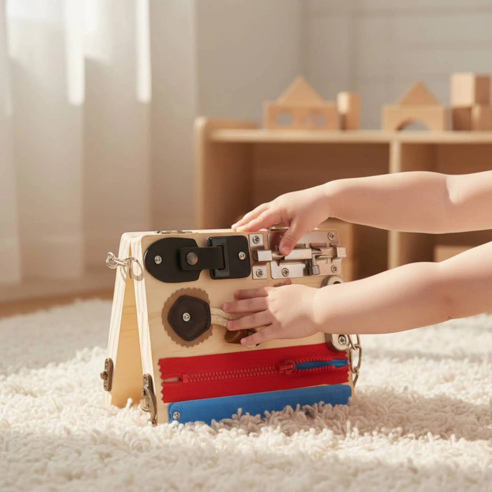 Wooden Busy Board Screen-Unstructured Play Developmental Activity Board Foldable Tactile Toy Travel Convenient