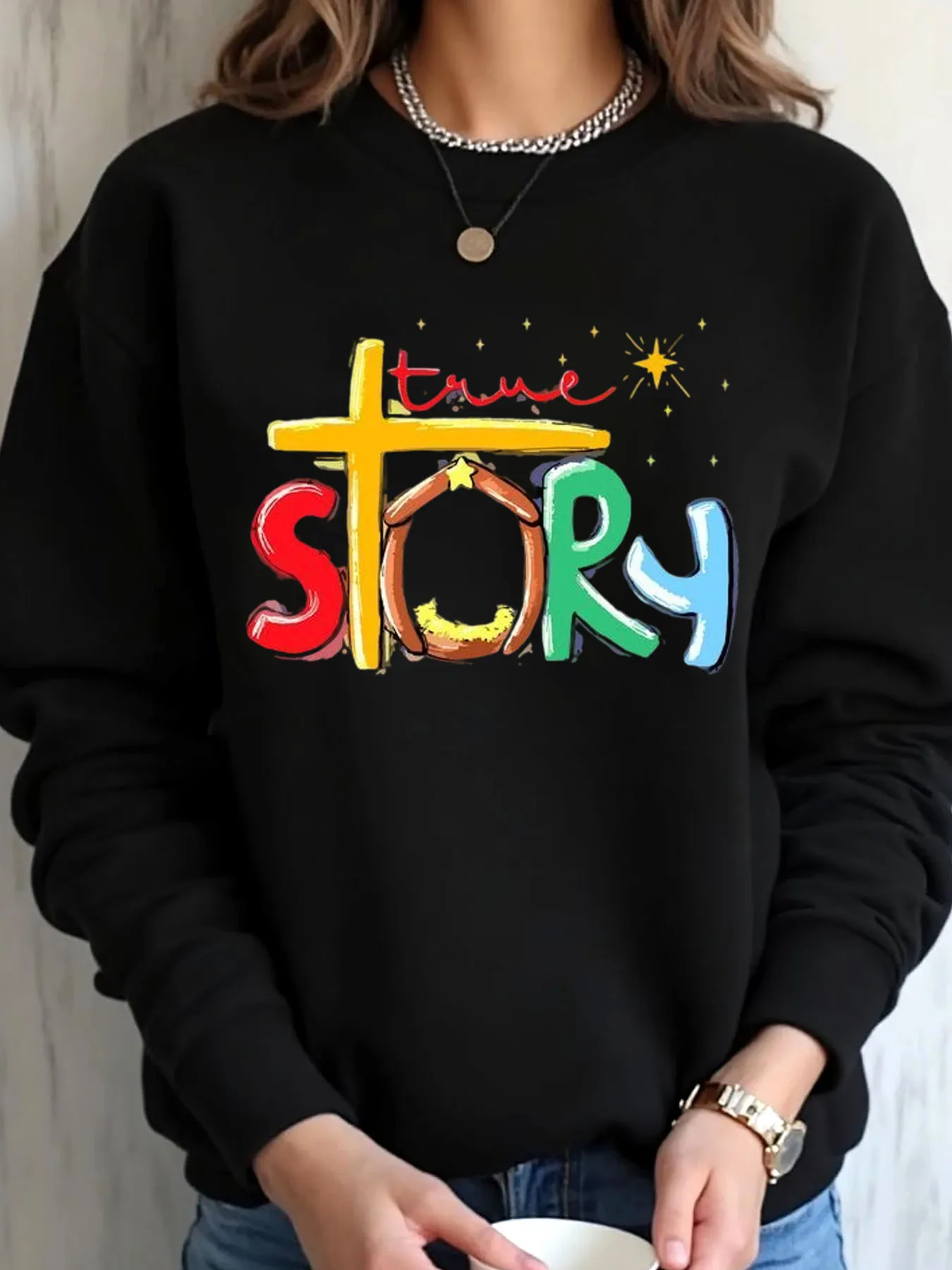 Женская толстовка большого размера, рождественская настоящая история, уличная одежда с принтом креста и яслей
Женская толстовка большого размера, рождественская настоящая история, уличная одежда с принтом креста и яслей