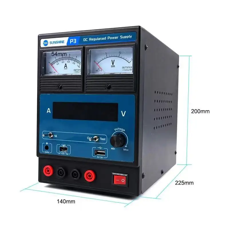 SUNSHINE P3 DC Regulated Power Supply, 5V, 8.4V, 15V Switching, Dual Digital Display, Automatic, Short Circuit Protection
SUNSHINE P3 DC Regulated Power Supply, 5V, 8.4V, 15V Switching, Dual Digital Display, Automatic, Short Circuit Protection