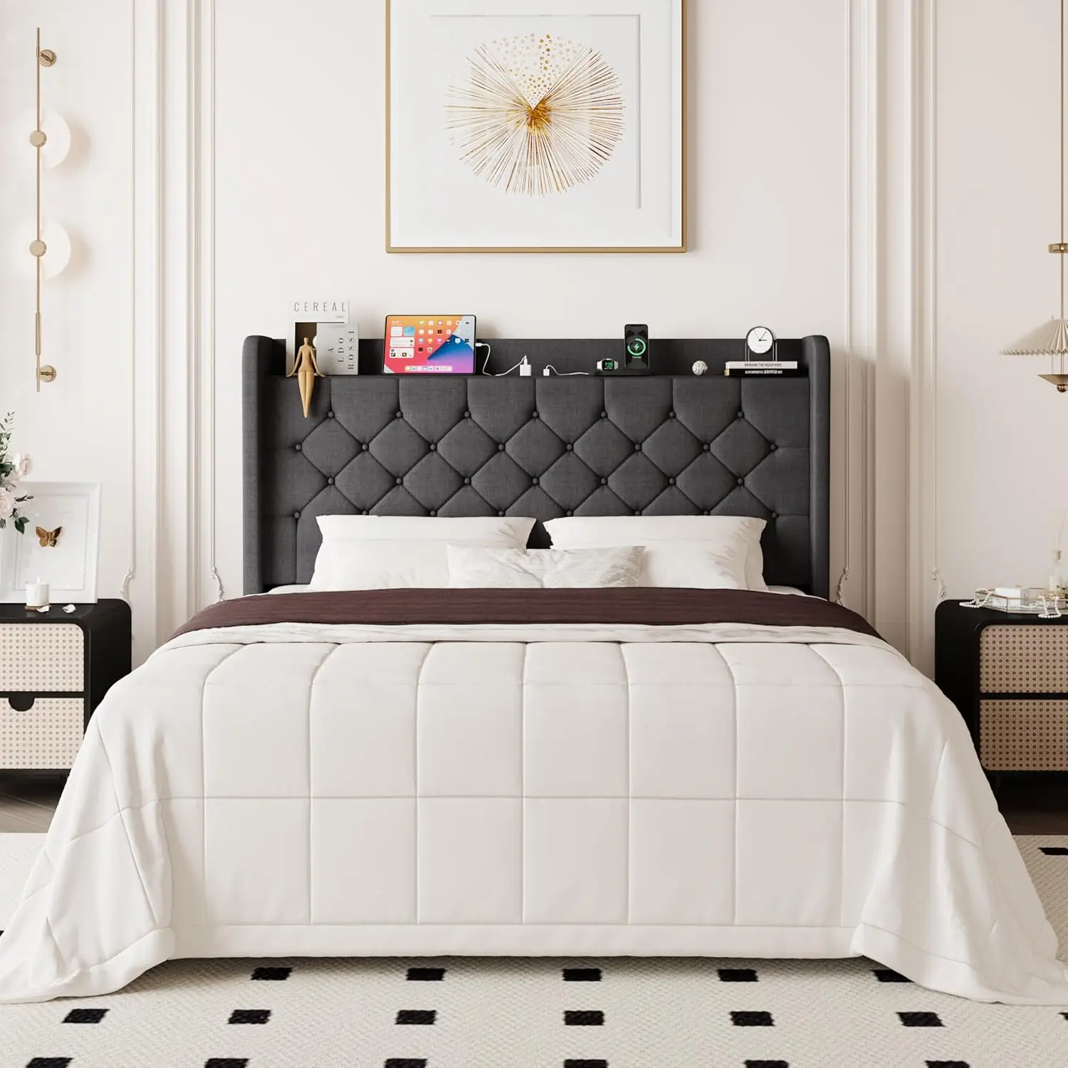 Queen Size Bed Frame, Storage Headboard with Charging Station, Wingback Linen Upholstered, Diamond Stitched Button Tufted, St
Queen Size Bed Frame, Storage Headboard with Charging Station, Wingback Linen Upholstered, Diamond Stitched Button Tufted, St