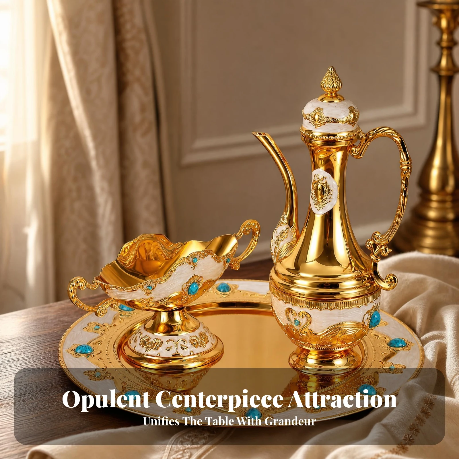 Ornate Serving Set Mirrored Center Drink Serving Set Round Metal Tray Curved Spout Tableware Embellished Border
Ornate Serving Set Mirrored Center Drink Serving Set Round Metal Tray Curved Spout Tableware Embellished Border