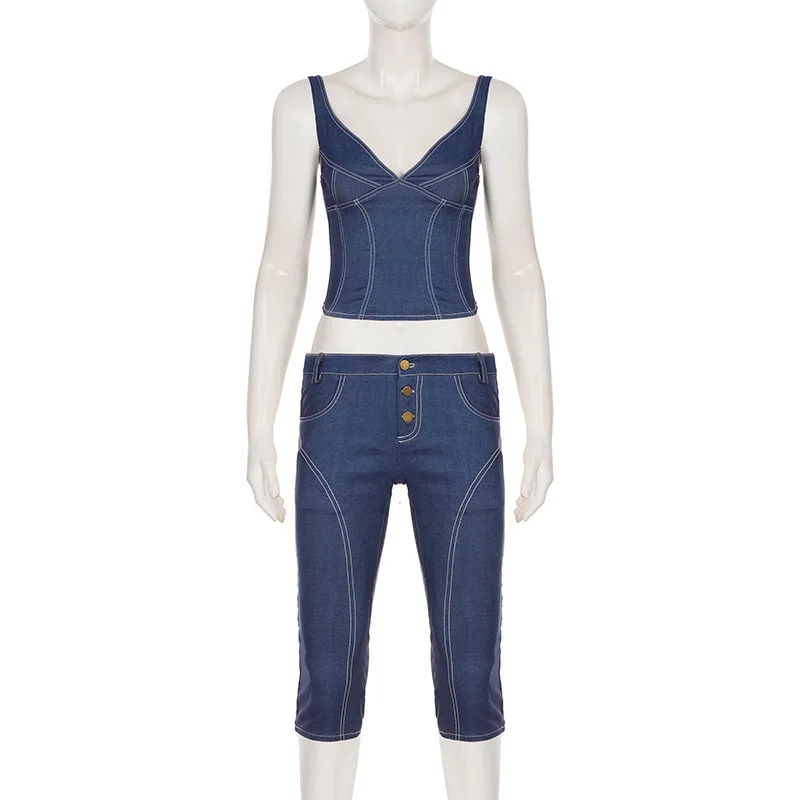 Summer new European and American style women's street style sexy casual contrasting color imitation denim vest+mid pants set
Summer new European and American style women's street style sexy casual contrasting color imitation denim vest+mid pants set
