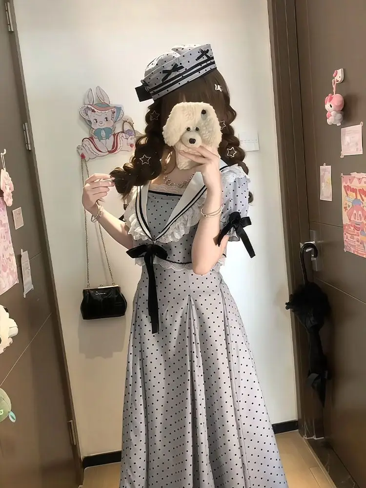 Gothic Lolita Polka Dot Maxi 2 Piece Dress Set Women Sailor Collar Lace Bow Trim Slim Fit Elegant Party Clubwear Outfit
Gothic Lolita Polka Dot Maxi 2 Piece Dress Set Women Sailor Collar Lace Bow Trim Slim Fit Elegant Party Clubwear Outfit
