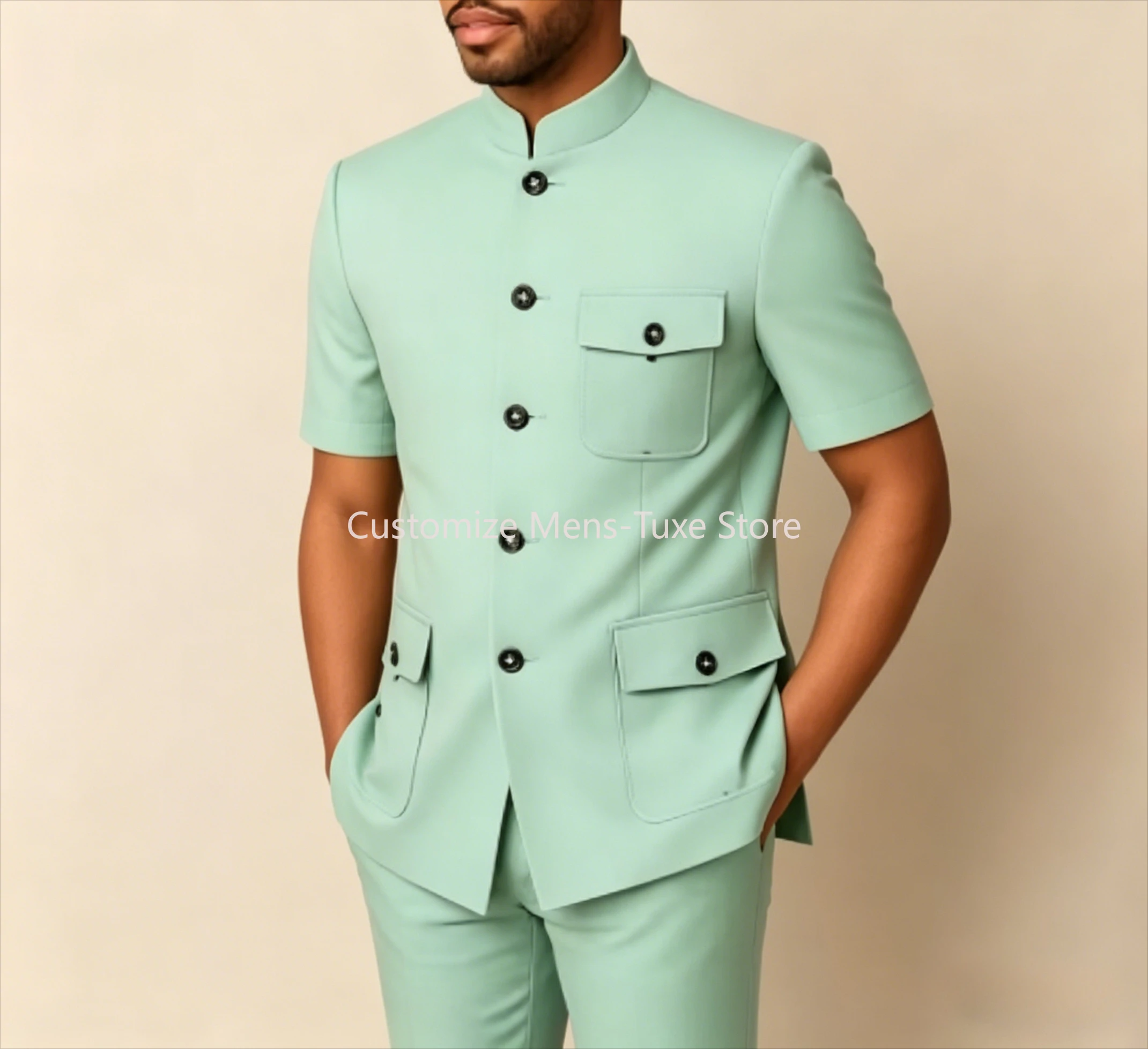 Mint Green Men's Suits Customzied Solid Color Short Sleeve Blazer Slim Fit 2 Piece Jacket Pants Outfist Costume Homme
Mint Green Men's Suits Customzied Solid Color Short Sleeve Blazer Slim Fit 2 Piece Jacket Pants Outfist Costume Homme