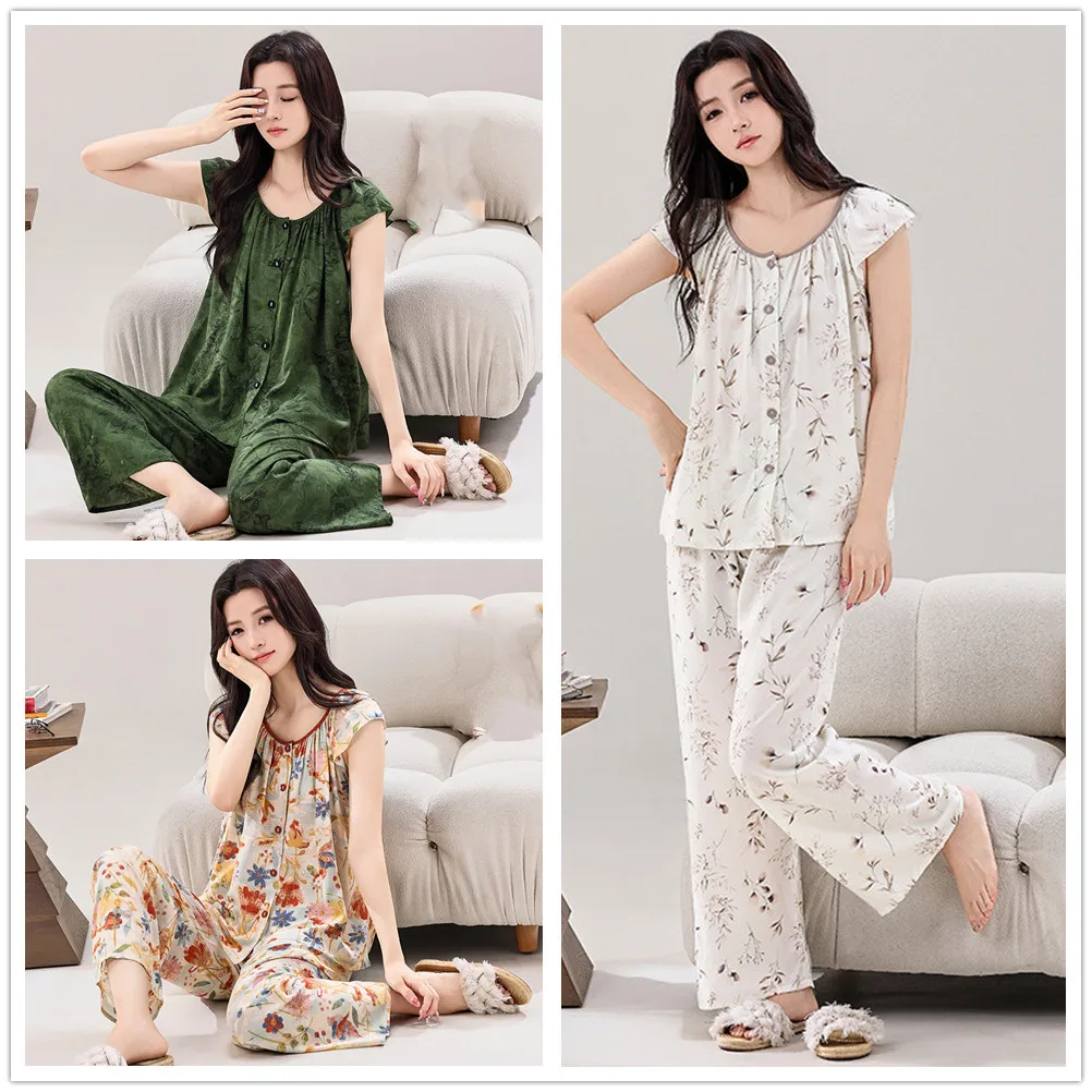 Summer Women's Pajama Set Gongsatin Cotton Silk Viscose Sleeveless Shirt Pants Homewear Two Piece Set
Summer Women's Pajama Set Gongsatin Cotton Silk Viscose Sleeveless Shirt Pants Homewear Two Piece Set