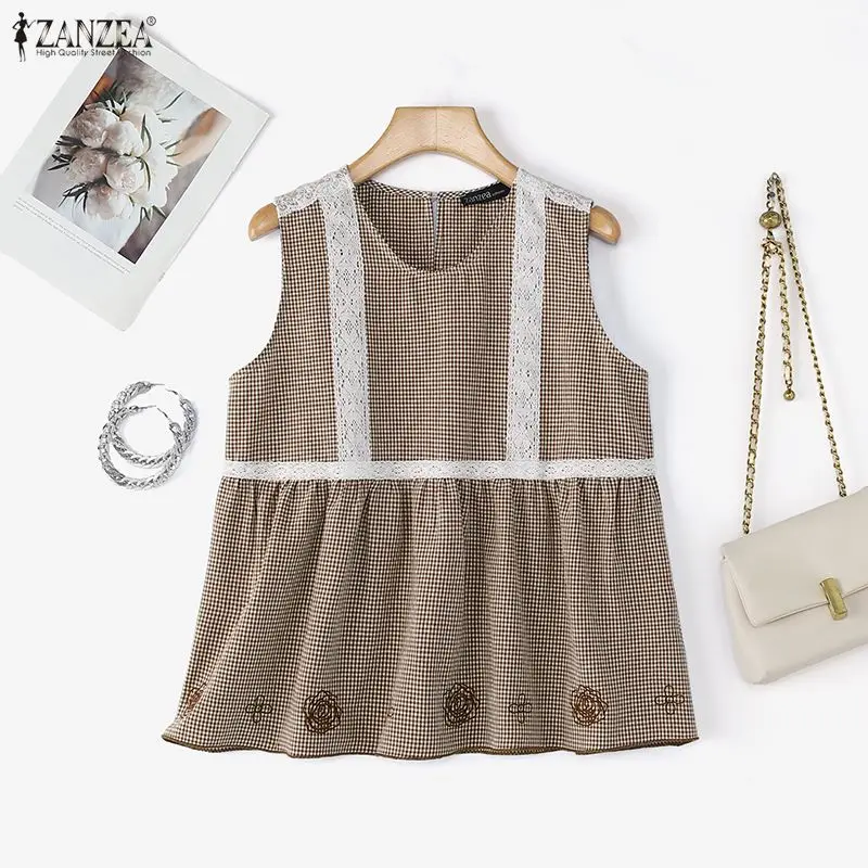Women Top ZANZEA Vintage Plaid Tank Tops Summer Tees 2026 Fashion Lace Casual Sleeveless Patchwork V-Neck Female Blusas Elegant
Women Top ZANZEA Vintage Plaid Tank Tops Summer Tees 2026 Fashion Lace Casual Sleeveless Patchwork V-Neck Female Blusas Elegant
