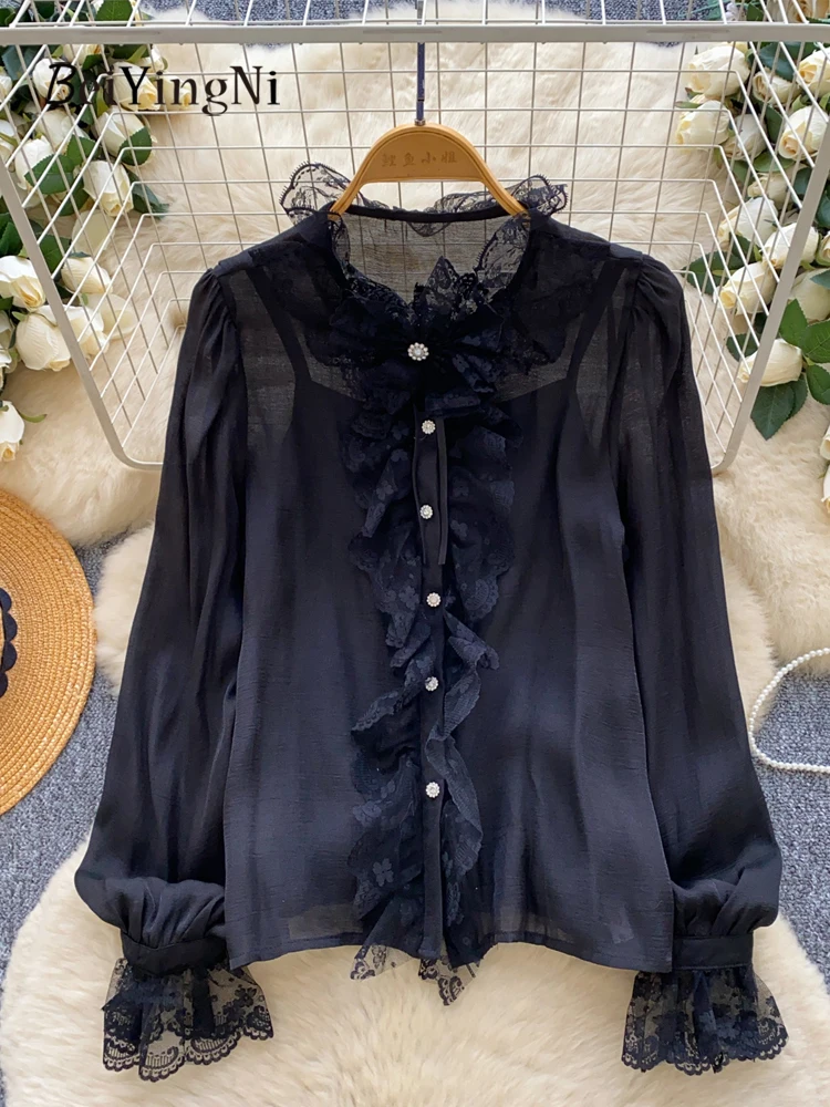 Beiyingni французские шифоновые женские блузки + майки, топы, весенне-осенние повседневные женские рубашки на пуговицах, кружевная черная корейская модная блузка OL 
Beiyingni французские шифоновые женские блузки + майки, топы, весенне-осенние повседневные женские рубашки на пуговицах, кружевная черная корейская модная блузка OL