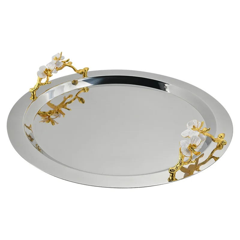 Stainless steel tray round square European flower decorative plate, dining table storage plate ornament
Stainless steel tray round square European flower decorative plate, dining table storage plate ornament
