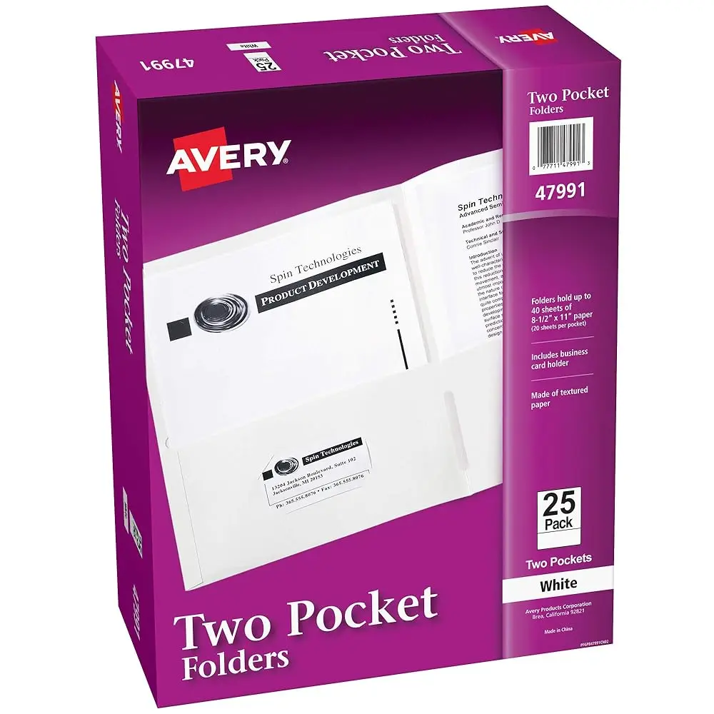 Two Pocket Folders, Holds up to 40 Sheets, Business Card Slot, 25 White Folders (47991)
Two Pocket Folders, Holds up to 40 Sheets, Business Card Slot, 25 White Folders (47991)