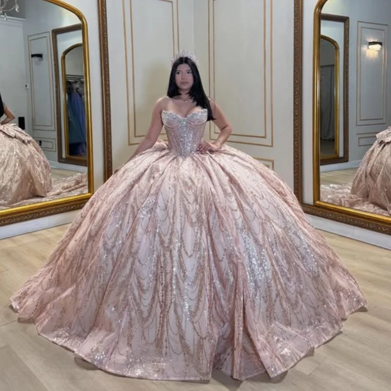 Shiny Rose Pink Gold Quinceanera Dress off-shoulder crystal glitter Decal Long tail Bow Vestidos De 15 Quinceanera Customize
Shiny Rose Pink Gold Quinceanera Dress off-shoulder crystal glitter Decal Long tail Bow Vestidos De 15 Quinceanera Customize