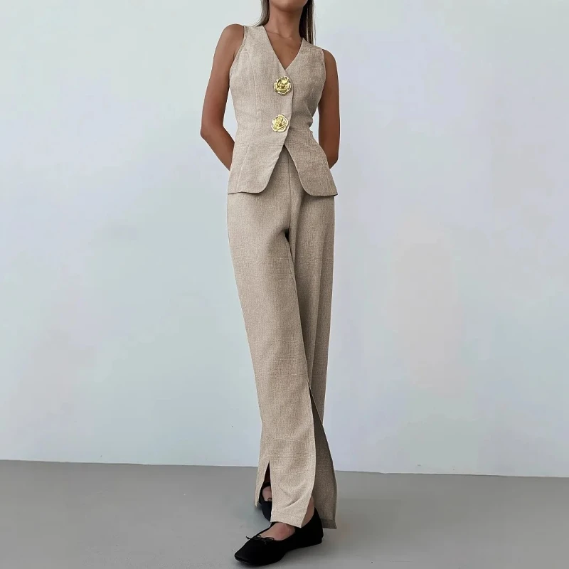 Spring Summer Thin Style Breathable V-neck Sleeveless Vest Western Pants with Split Wide Legs Set 2 pieces
Spring Summer Thin Style Breathable V-neck Sleeveless Vest Western Pants with Split Wide Legs Set 2 pieces