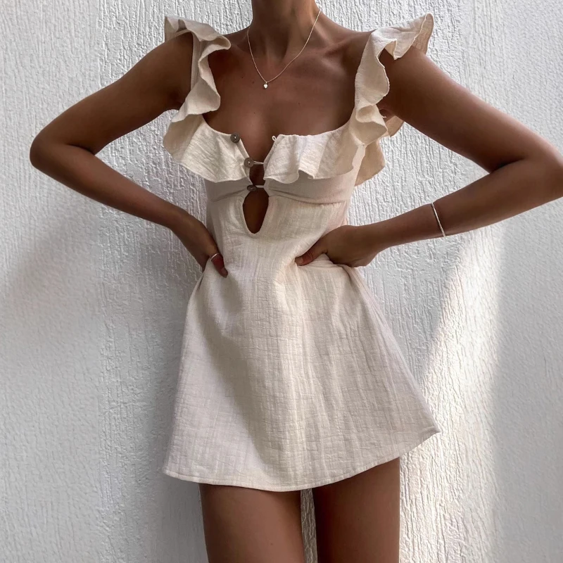 Sexy Butterfly Sleeve Mini A-Line Dress Vintage Apricot Ruffles Slim Dresses Women Summer Casual Solid Hollow Out Short Dress
Sexy Butterfly Sleeve Mini A-Line Dress Vintage Apricot Ruffles Slim Dresses Women Summer Casual Solid Hollow Out Short Dress