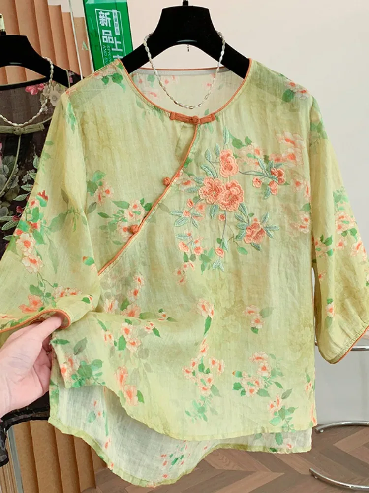 Loose Fit Embroidered Linen Shirt Women's Summer Casual Open Front Five-Quarter Sleeve Top round Neck Artistic Style Clothing
Loose Fit Embroidered Linen Shirt Women's Summer Casual Open Front Five-Quarter Sleeve Top round Neck Artistic Style Clothing
