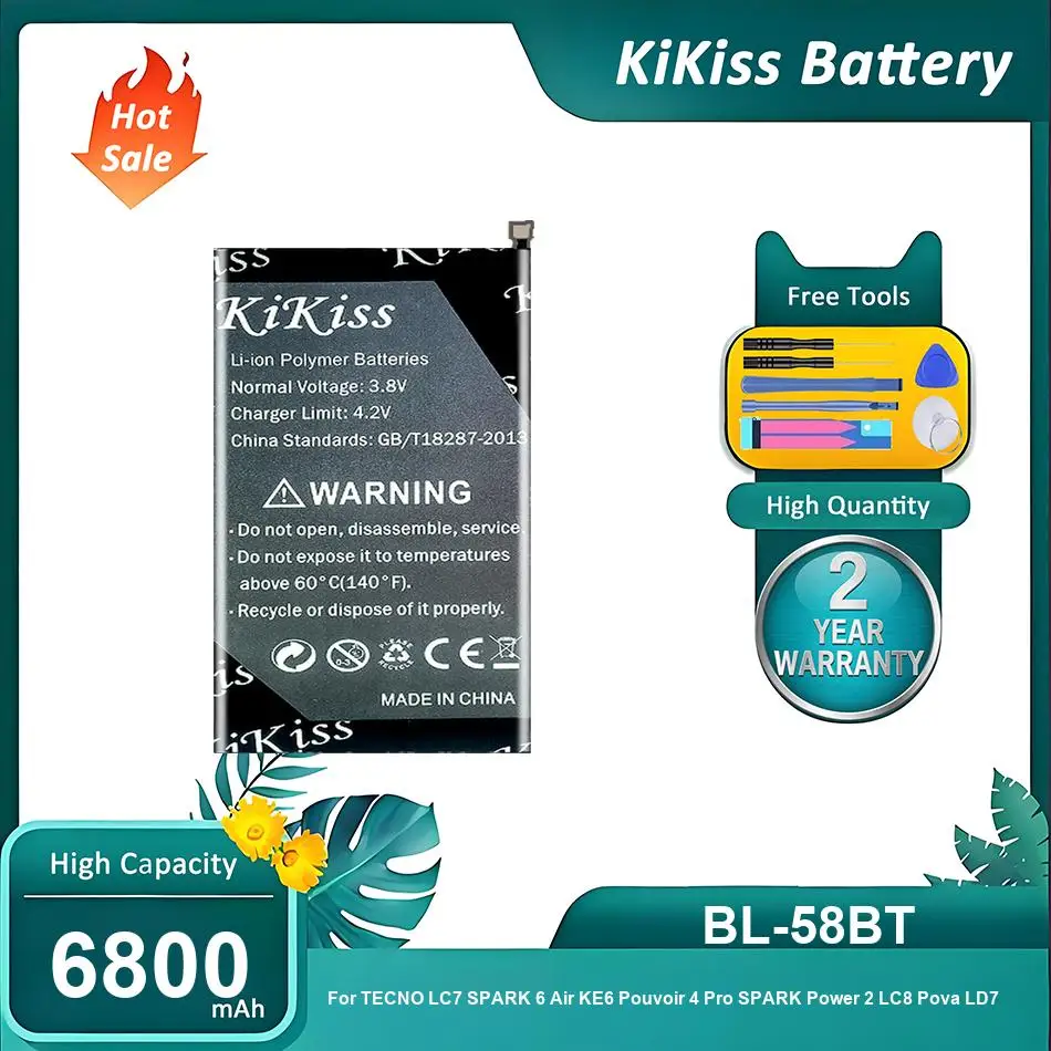 KiKiss Battery For TECNO LC7 SPARK 6 Air KE6 Pouvoir 4 Pro SPARK Power 2 LC8 Pova LD7,BL-58BT,6800mAh
KiKiss Battery For TECNO LC7 SPARK 6 Air KE6 Pouvoir 4 Pro SPARK Power 2 LC8 Pova LD7,BL-58BT,6800mAh