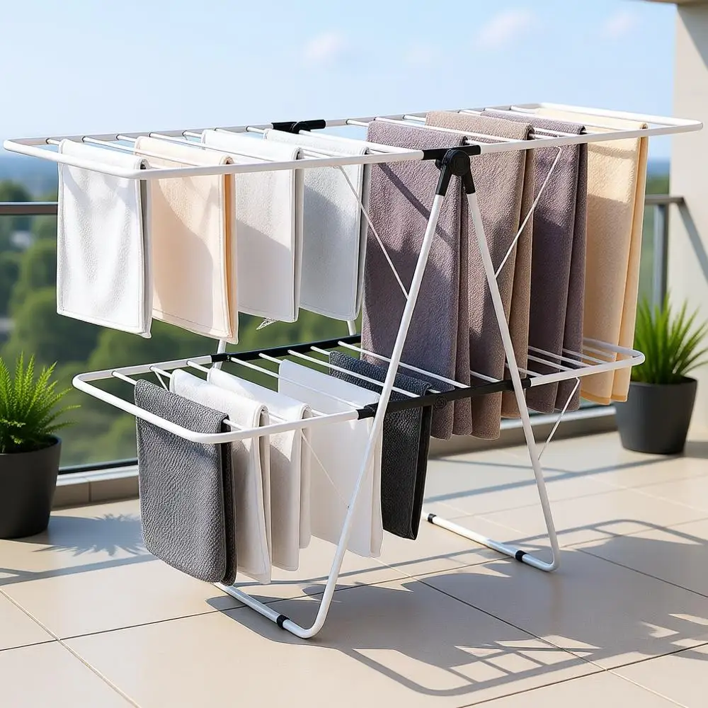 2-Tier Adjustable Metal Drying Rack with Sock Clips and 31 Drying Rods, Indoor/Outdoor Space-Saving Laundry Hanger, White
2-Tier Adjustable Metal Drying Rack with Sock Clips and 31 Drying Rods, Indoor/Outdoor Space-Saving Laundry Hanger, White