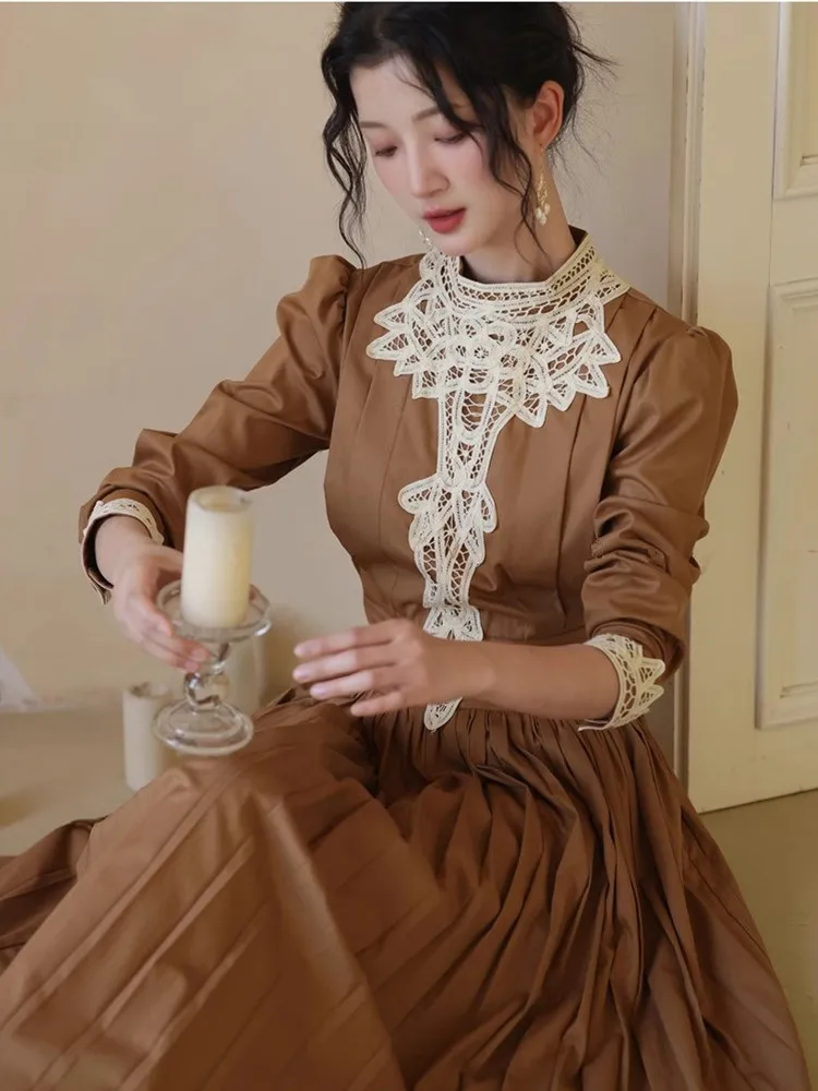 84-96cm Bust Spring Autumn Long Dresses For Women Vintage Elegant Slim Lace Stand Collar Long Sleeve Pleated Dresses vestidos
84-96cm Bust Spring Autumn Long Dresses For Women Vintage Elegant Slim Lace Stand Collar Long Sleeve Pleated Dresses vestidos