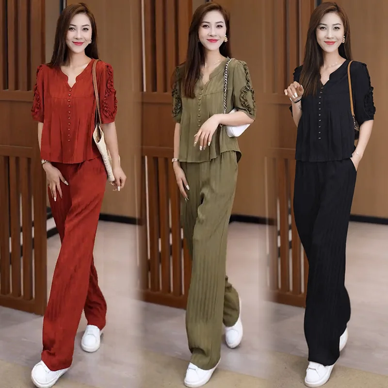Ice Silk Fashion Suit Women's Summer New Western Style Slimming Thin V-neck Short-Sleeved Shirt Wide-Leg Pants Two-Piece Suit Fa
Ice Silk Fashion Suit Women's Summer New Western Style Slimming Thin V-neck Short-Sleeved Shirt Wide-Leg Pants Two-Piece Suit Fa