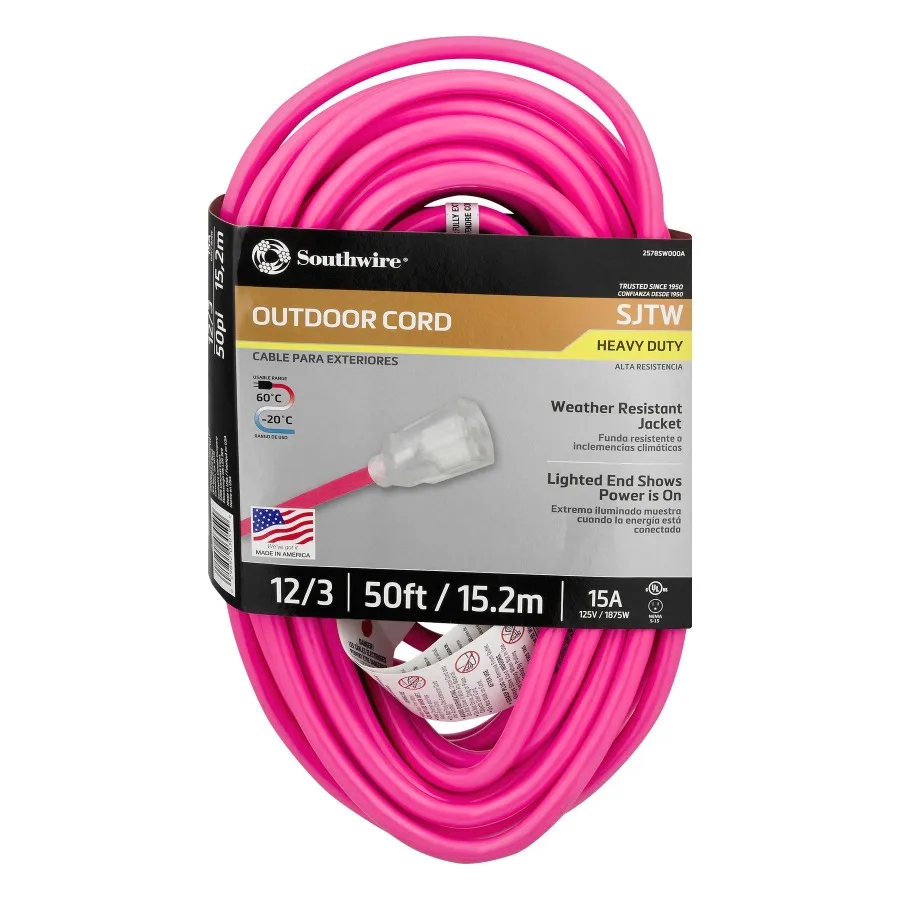 Southwire 2578SW000A 12/3 50ft Neon Pink All-Purpose Extension Cord for Heavy-Duty Industrial and Outdoor Applications with Hig
Southwire 2578SW000A 12/3 50ft Neon Pink All-Purpose Extension Cord for Heavy-Duty Industrial and Outdoor Applications with Hig