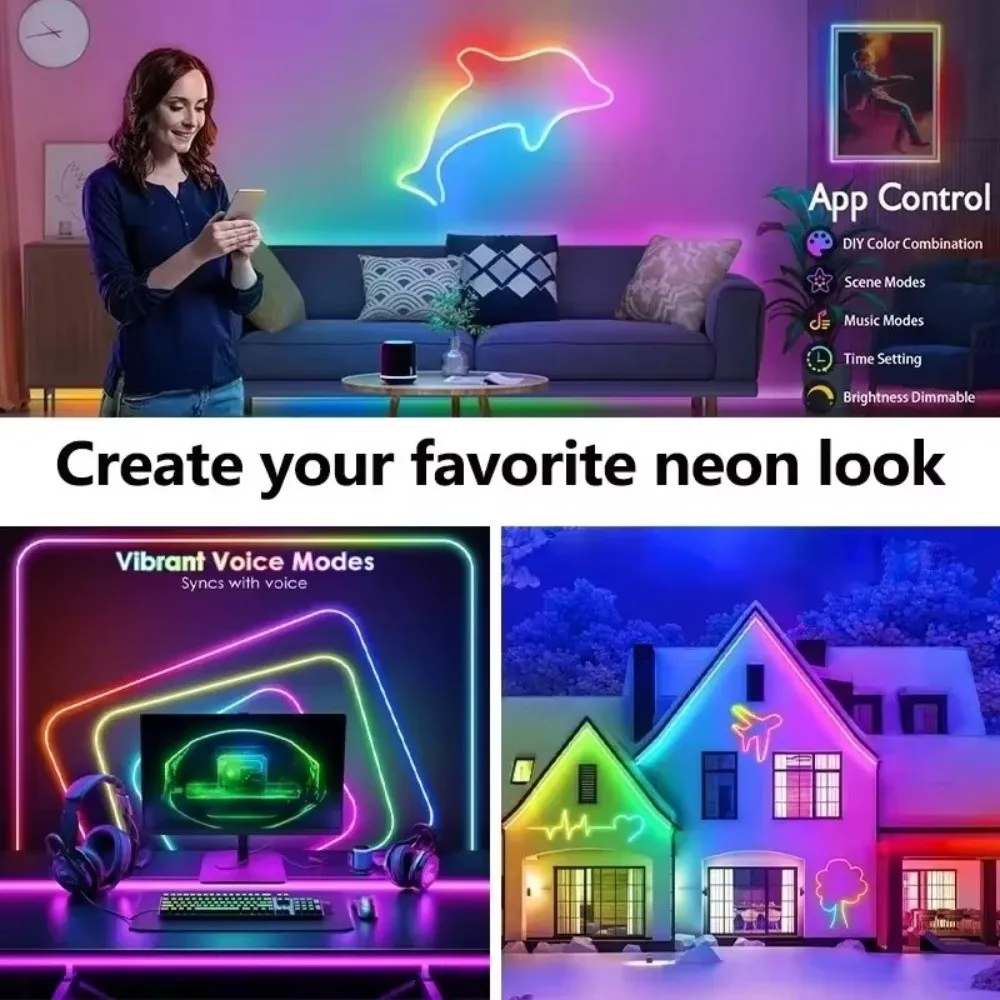 New 60/100/200cm RGB Neon LED Rope Lights Waterproof Control Flexible LED Diode Home Decor Smart Colorful Neon Light Strip
New 60/100/200cm RGB Neon LED Rope Lights Waterproof Control Flexible LED Diode Home Decor Smart Colorful Neon Light Strip