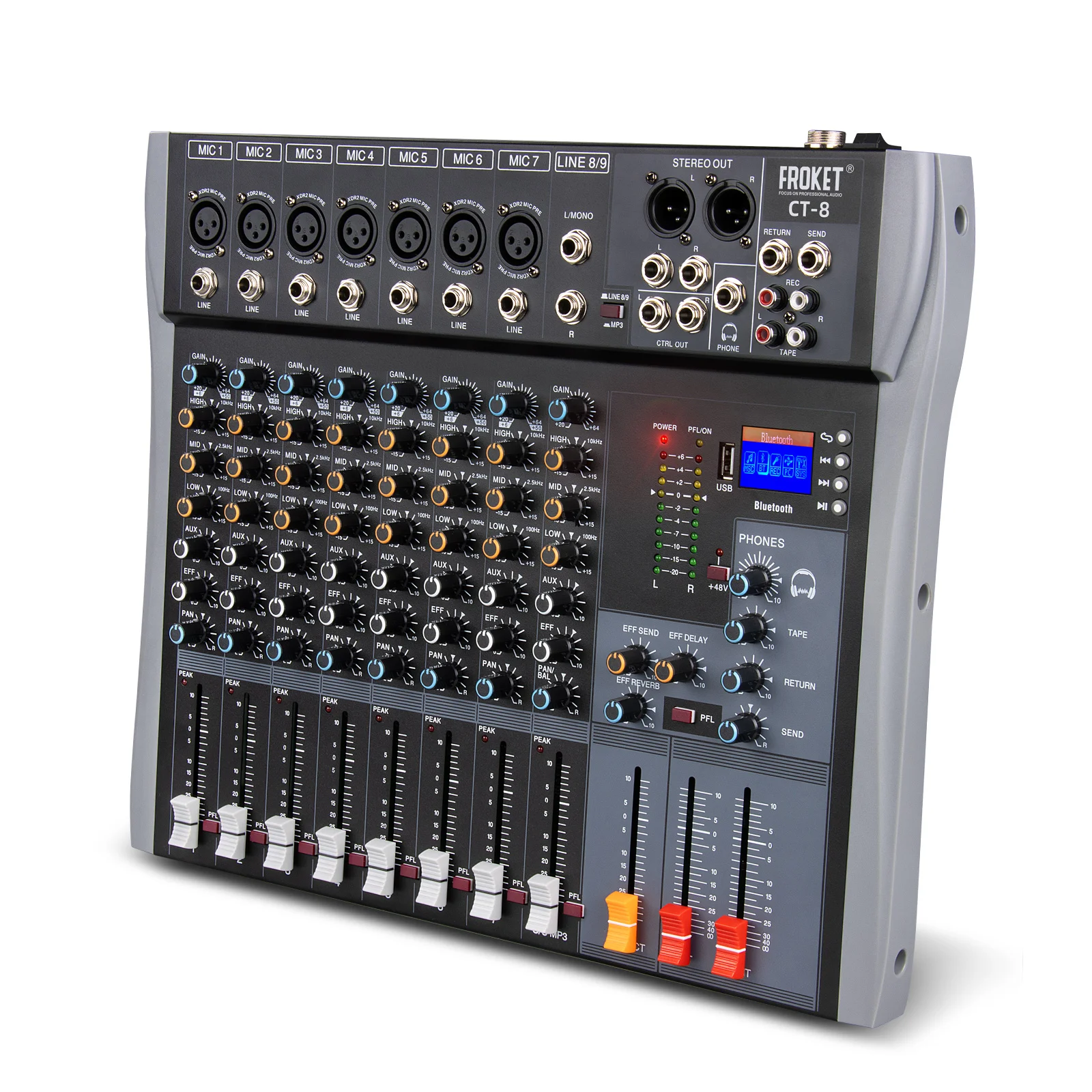 Профессиональная DJ-консоль, 8-канальный аудиомикшер CT-8 с контроллером аудиоинтерфейса Phantom Power Stage + 48 В
Профессиональная DJ-консоль, 8-канальный аудиомикшер CT-8 с контроллером аудиоинтерфейса Phantom Power Stage + 48 В