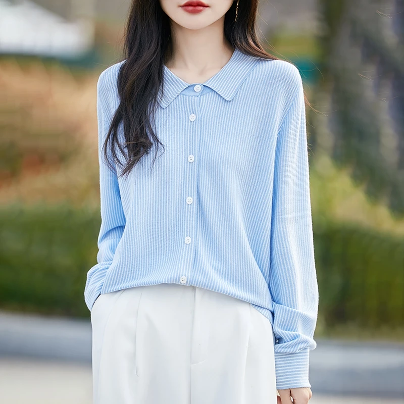 Striped Solid Color Spun Wool Knitted Shirt Women's Cardigan Jacket Loose Polo Collar Layered Bottom Shirt
Striped Solid Color Spun Wool Knitted Shirt Women's Cardigan Jacket Loose Polo Collar Layered Bottom Shirt