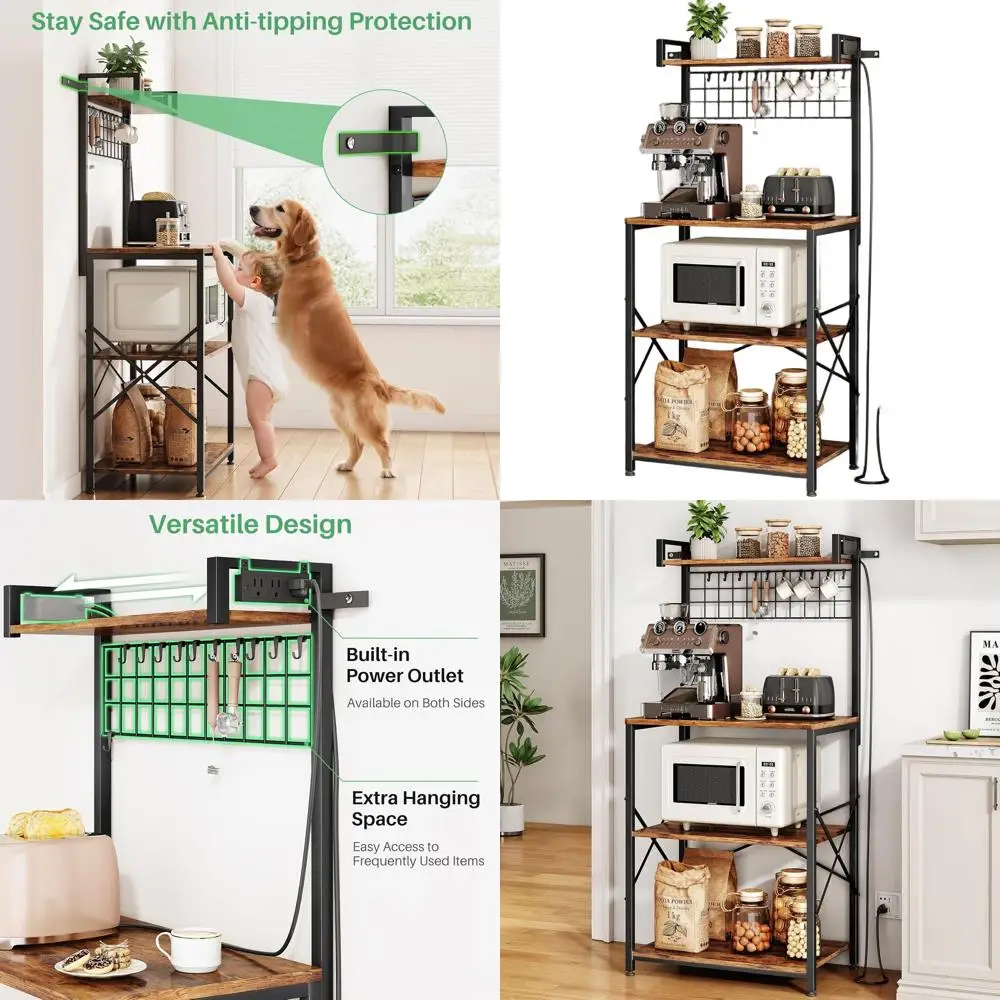 Microwave Stand with 4-tier Shelves, Power Outlet, Wire Grid, and 10 Hooks - Rustic Brown, 23.5x15.6x52.8
Microwave Stand with 4-tier Shelves, Power Outlet, Wire Grid, and 10 Hooks - Rustic Brown, 23.5x15.6x52.8