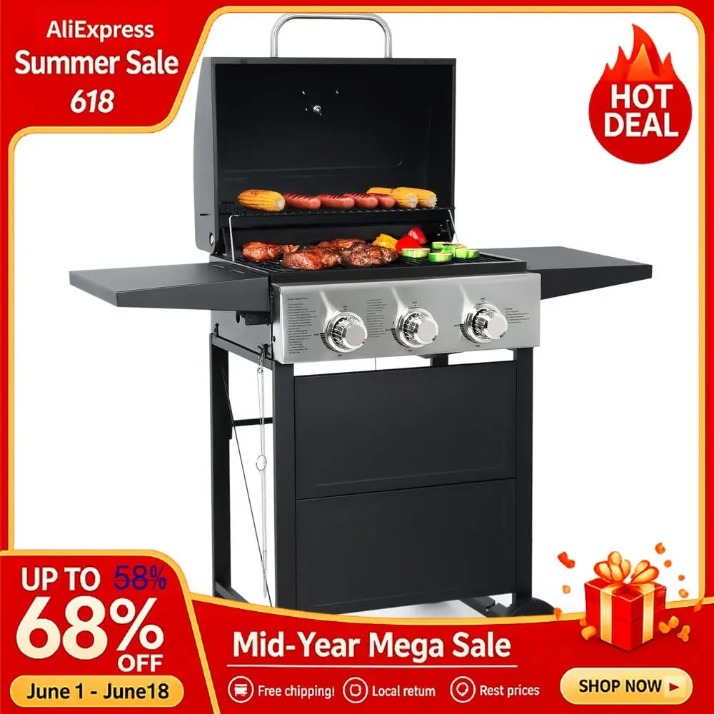 3 Burner BBQ Propane Gas Grill, 472 Sq. In. Cooking Area, 30,000 BTU Stainless Steel Barbecue Grill with Two Foldable Shelves
3 Burner BBQ Propane Gas Grill, 472 Sq. In. Cooking Area, 30,000 BTU Stainless Steel Barbecue Grill with Two Foldable Shelves