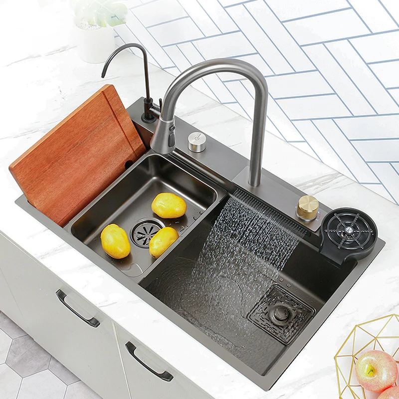 New Black Nanometer 304 Stainless Steel Waterfall Kitchen Sink 3mm Thickness Large Single Slot Above Mount Waterfall Faucet
New Black Nanometer 304 Stainless Steel Waterfall Kitchen Sink 3mm Thickness Large Single Slot Above Mount Waterfall Faucet