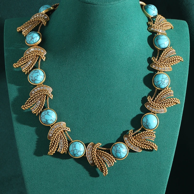 Vintage Bohemia Blue Natural Stone Choker Necklace Bow Knot Wheat Ear Gold Color Antique Jewelry For Woman Thanksgiving Wedding
Vintage Bohemia Blue Natural Stone Choker Necklace Bow Knot Wheat Ear Gold Color Antique Jewelry For Woman Thanksgiving Wedding