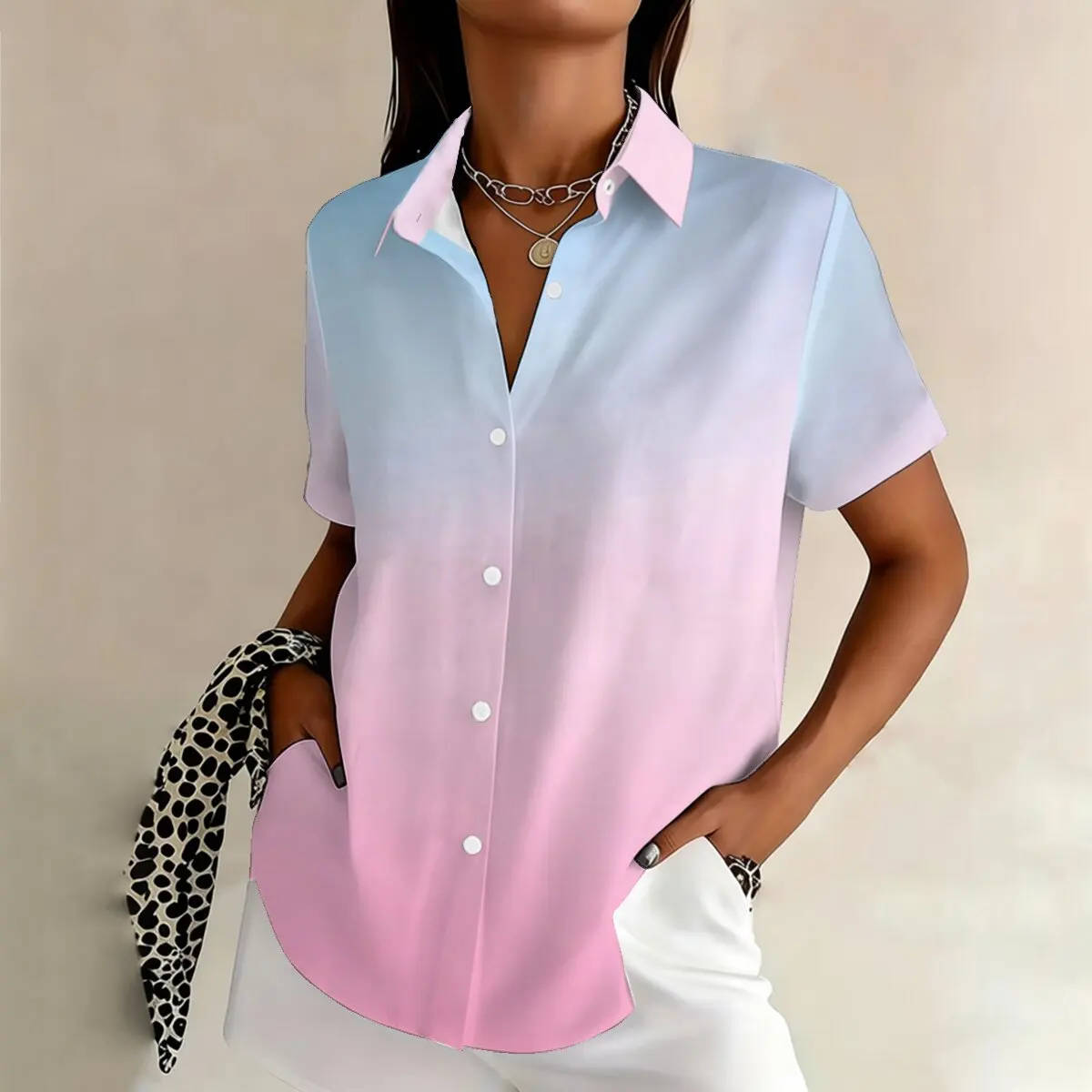 Summer women's plus-size short-sleeve shirt, pink-blue gradient, stylish for dating, commuting and socializing casual wear
Summer women's plus-size short-sleeve shirt, pink-blue gradient, stylish for dating, commuting and socializing casual wear