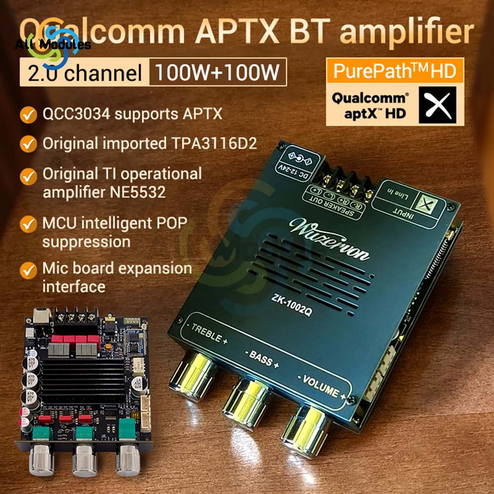 ZK-1002Q Bluetooth Amplifier Board QCC3034 APTX-HD TPA3116D2 Chip 100W+100W 2.0 Channel Lossless Audio Amp Module for Home KTV 
ZK-1002Q Bluetooth Amplifier Board QCC3034 APTX-HD TPA3116D2 Chip 100W+100W 2.0 Channel Lossless Audio Amp Module for Home KTV
