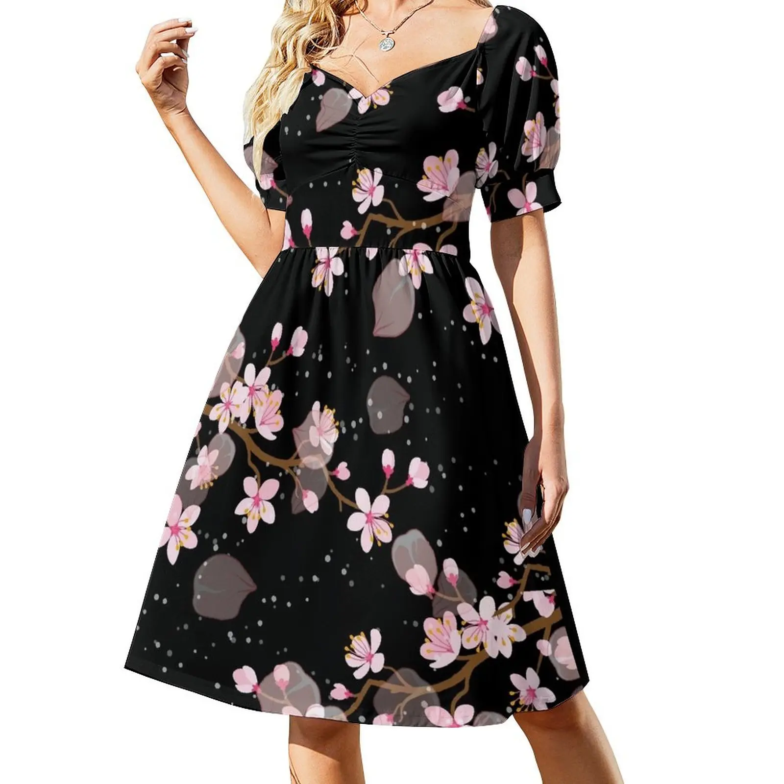 White and Pink Japanese Cherry Blossom Floral Seamless Repetition pattern on Black Short Sleeved Dress Beachwear Dress
White and Pink Japanese Cherry Blossom Floral Seamless Repetition pattern on Black Short Sleeved Dress Beachwear Dress