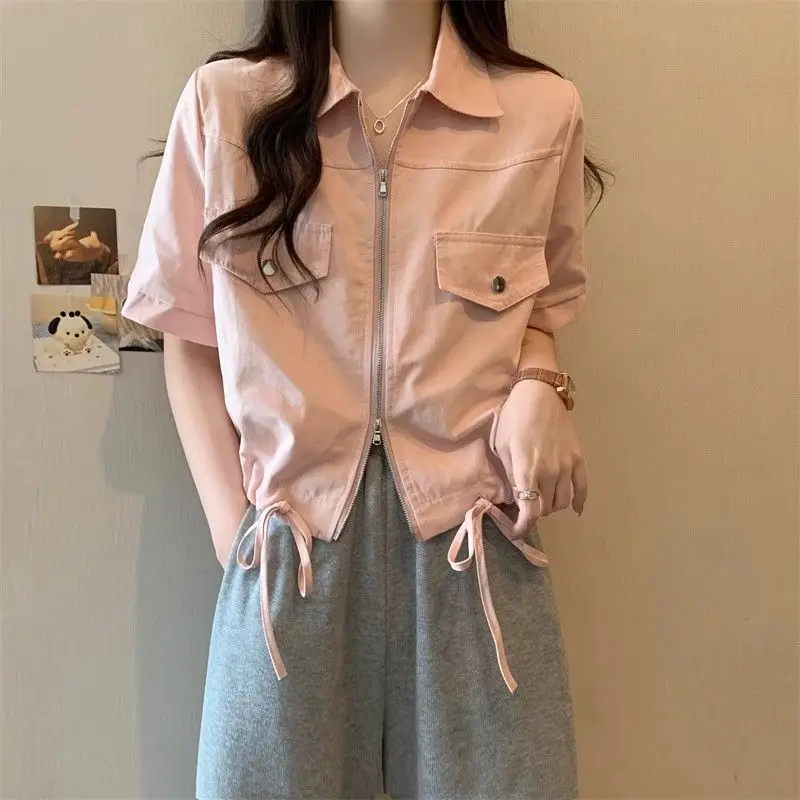 Korean Short Sleeve Spliced Shirts Summer Turn-down Collar Stylish Zipper Drawstring Female Clothing Solid Color Short Blouse
Korean Short Sleeve Spliced Shirts Summer Turn-down Collar Stylish Zipper Drawstring Female Clothing Solid Color Short Blouse