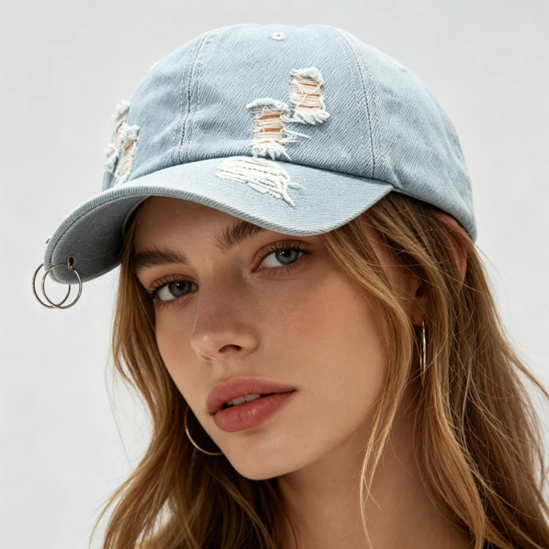 denim baseball cap for men women cotton soft crown distressed ripped caps Y2K hip hop hoops on the brim
denim baseball cap for men women cotton soft crown distressed ripped caps Y2K hip hop hoops on the brim