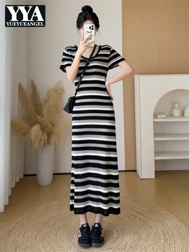 Womens Summer Thin Style Short Sleeved Dresses O Neck Knitted Striped Ankle Length Dresses New Casual Ladies Mid Length Dress
Womens Summer Thin Style Short Sleeved Dresses O Neck Knitted Striped Ankle Length Dresses New Casual Ladies Mid Length Dress