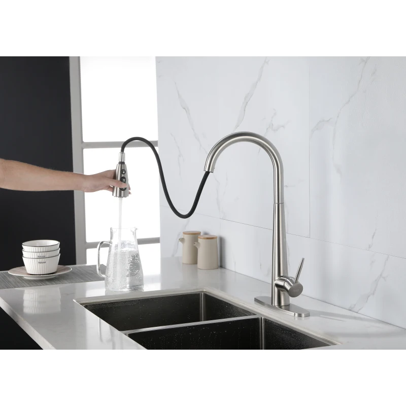 Kitchen Faucet with Pull Down Sprayer Brushed Nickel, High Arc Single Handle Kitchen Sink Faucet with Deck Plate, Commercial
Kitchen Faucet with Pull Down Sprayer Brushed Nickel, High Arc Single Handle Kitchen Sink Faucet with Deck Plate, Commercial