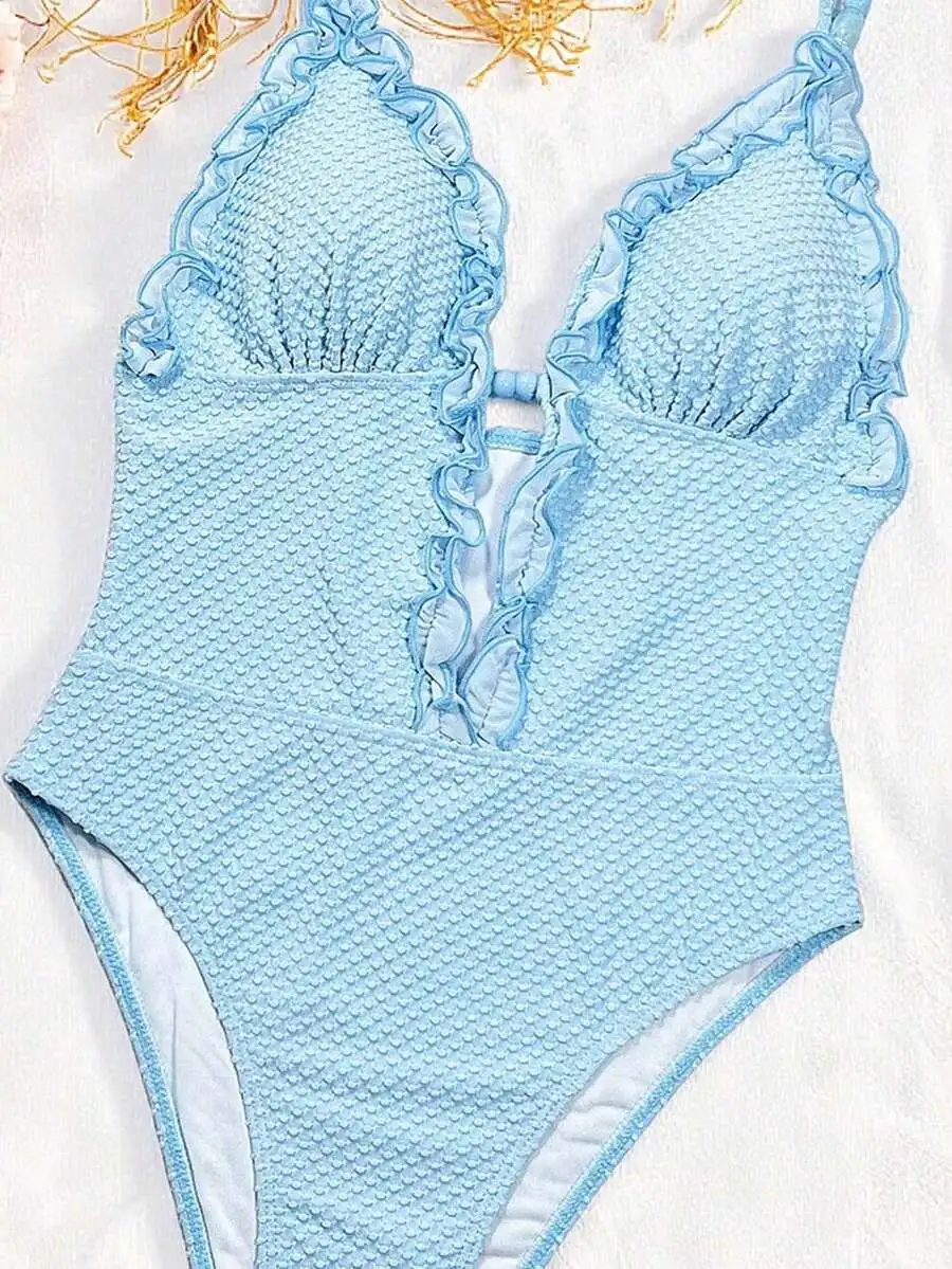Women Solid Color Jacquard Deep V-Neck Spaghetti Strap Frill Trim Mesh Lined One Piece Swimsuit
Women Solid Color Jacquard Deep V-Neck Spaghetti Strap Frill Trim Mesh Lined One Piece Swimsuit