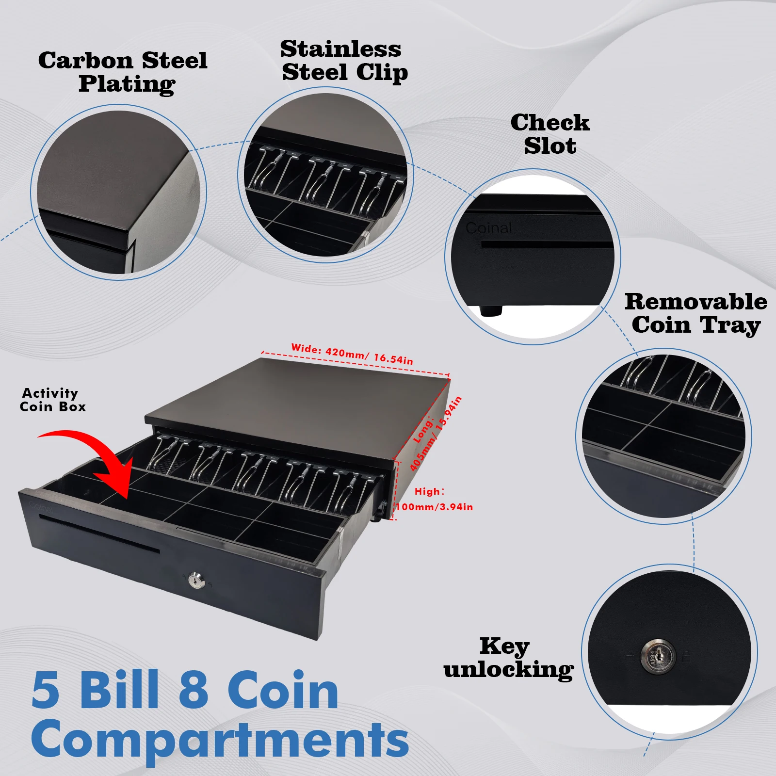 Coinal Cash Box,black,42x40.5x10cm, 5kg,16'',5 Compartments For Paper Currency Storage, 8 Coin Storage Compartments, 5kg
Coinal Cash Box,black,42x40.5x10cm, 5kg,16'',5 Compartments For Paper Currency Storage, 8 Coin Storage Compartments, 5kg