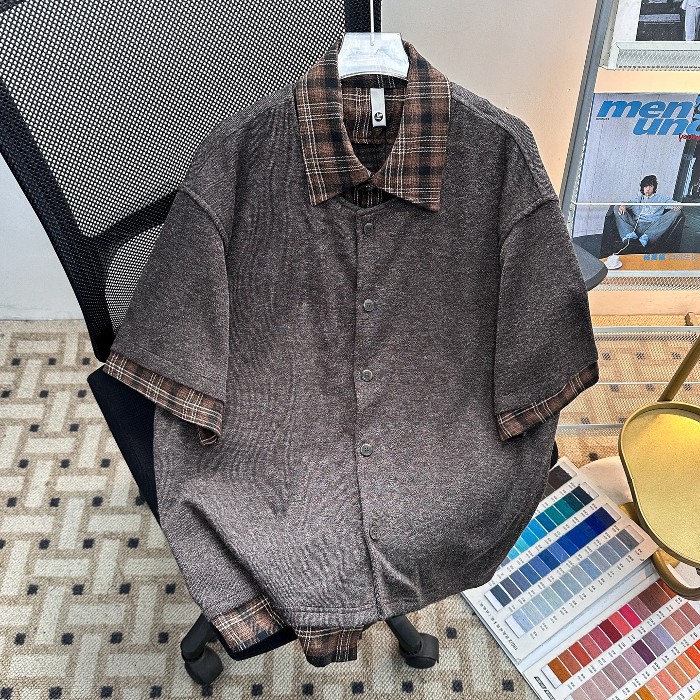 Loose Fit Short Sleeve Shirt Men's Pre-Washed Vintage Plaid Stand Collar Outerwear Casual Style Youth Popular Breathable Summer
Loose Fit Short Sleeve Shirt Men's Pre-Washed Vintage Plaid Stand Collar Outerwear Casual Style Youth Popular Breathable Summer