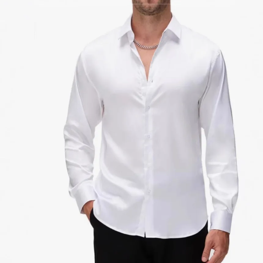 Мужская рубашка из шелкового сатина с длинным рукавом, на пуговицах, для торжественных мероприятий, свадеб, вечеринок, мужская рубашка-поло, TS-966
Мужская рубашка из шелкового сатина с длинным рукавом, на пуговицах, для торжественных мероприятий, свадеб, вечеринок, мужская рубашка-поло, TS-966