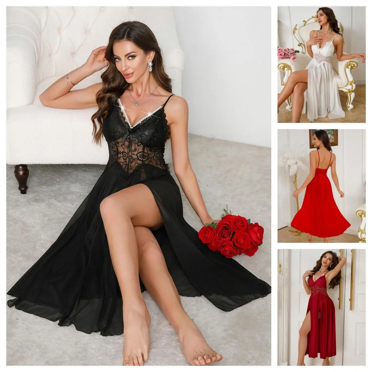 Deep V Lace Long Nightgown with High Slit And Pearl Decoration Sleeveless Autumn Sleepwear for Women Floor-Length Gown
Deep V Lace Long Nightgown with High Slit And Pearl Decoration Sleeveless Autumn Sleepwear for Women Floor-Length Gown