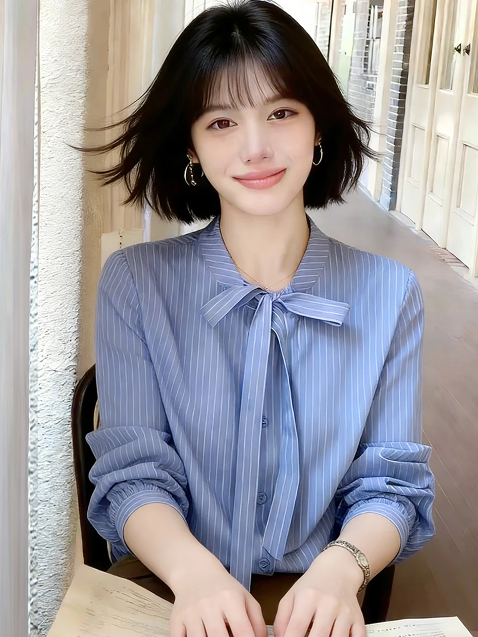 Синяя женская рубашка с длинным рукавом в корейском стиле, с круглым вырезом, с завязками, в полоску, весенняя новинка, повседневная мода
Синяя женская рубашка с длинным рукавом в корейском стиле, с круглым вырезом, с завязками, в полоску, весенняя новинка, повседневная мода