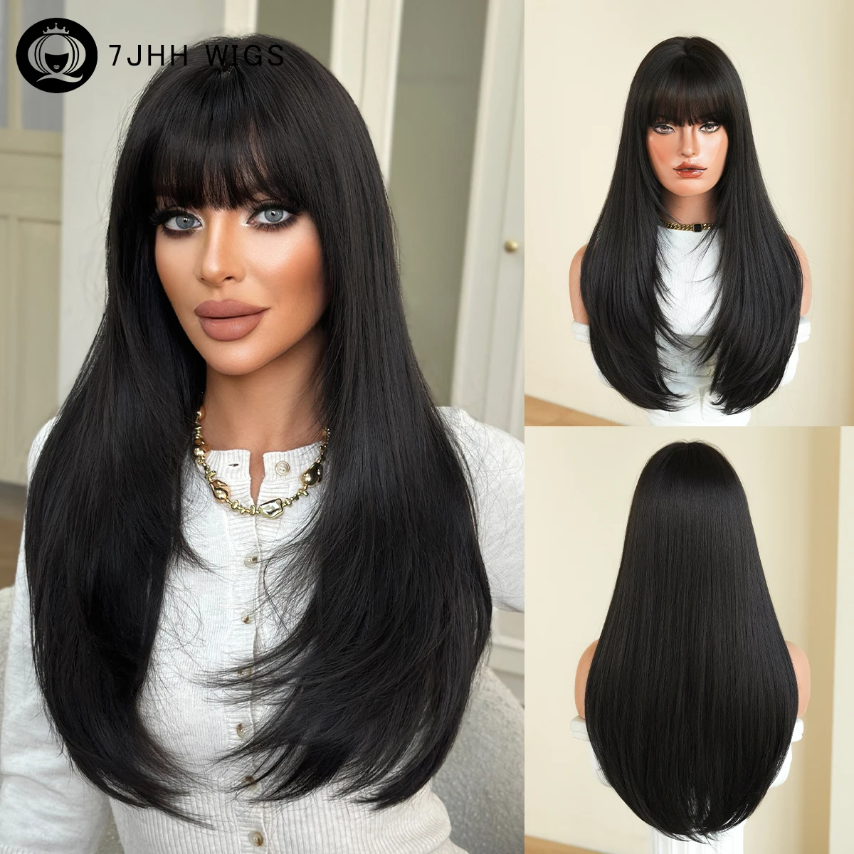 7JHH WIGS Long Straight Black Wig for Women High Density Synthetic Layered Modest Fashion Wear and Go Black Wigs with Neat Bangs
7JHH WIGS Long Straight Black Wig for Women High Density Synthetic Layered Modest Fashion Wear and Go Black Wigs with Neat Bangs