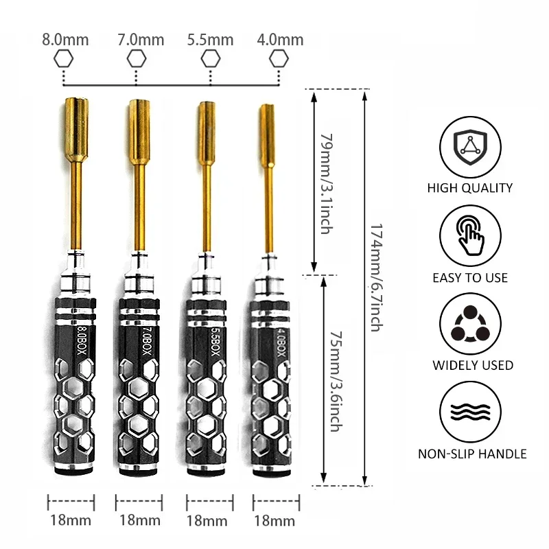 4-piece titanium alloy plating 4.0 / 5.5 / 7 / 8mm hex nut wrench socket tool kit for RC model car aircraft
4-piece titanium alloy plating 4.0 / 5.5 / 7 / 8mm hex nut wrench socket tool kit for RC model car aircraft